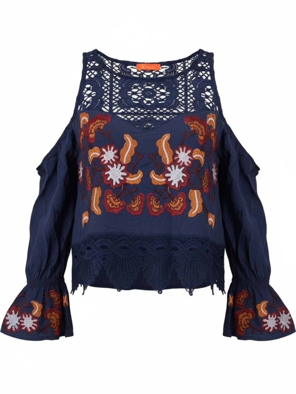 Fall Floral 100% Rayon Cold-Shoulder Embroidered Peasant Crop Top S